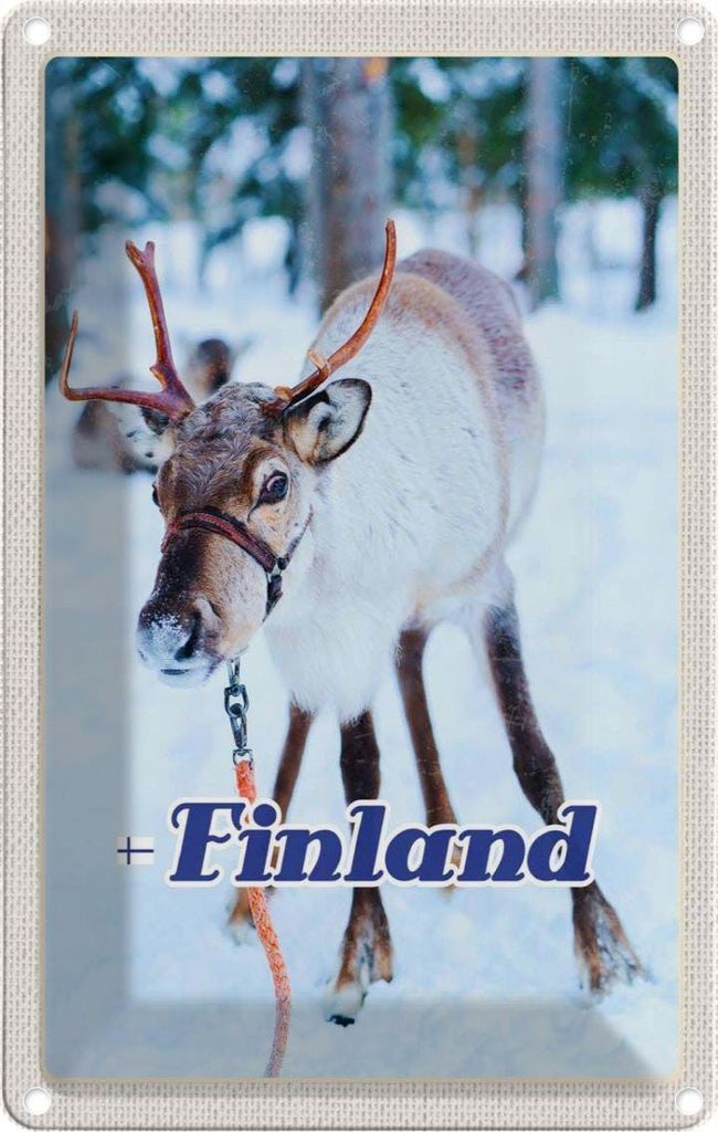 vianmo Blechschild 18x12 cm Finnland Hirsch Wald kalt Schnee Bildmotiv Reisemotiv Abenteuer Reisen Urlaub