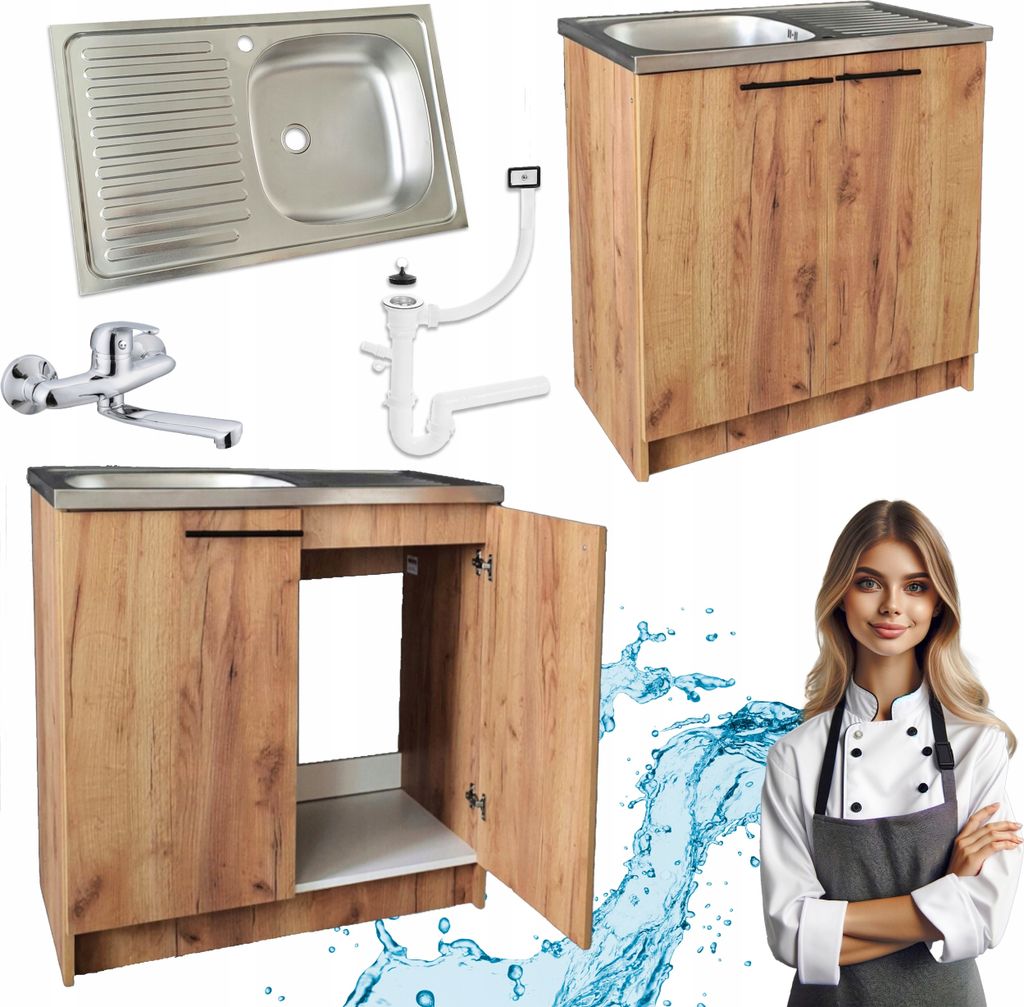 Stamar | Küchenunterschrank, mit Spüle, 80 cm, mit Armatur und Siphon, Eiche Gold