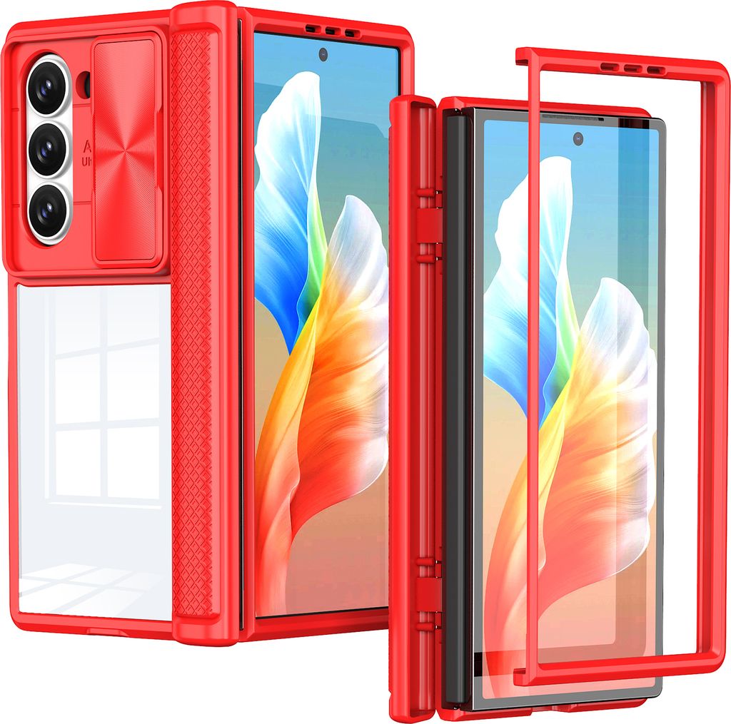 Hülle für Samsung Galaxy Z Fold 6 Transparent TPU Bumper Scharnierschutz Schutzhülle mit Schiebe Kamera Schutz Rot