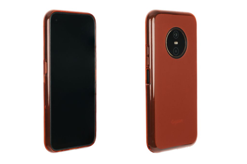 Two views of a red phone case on a white background.