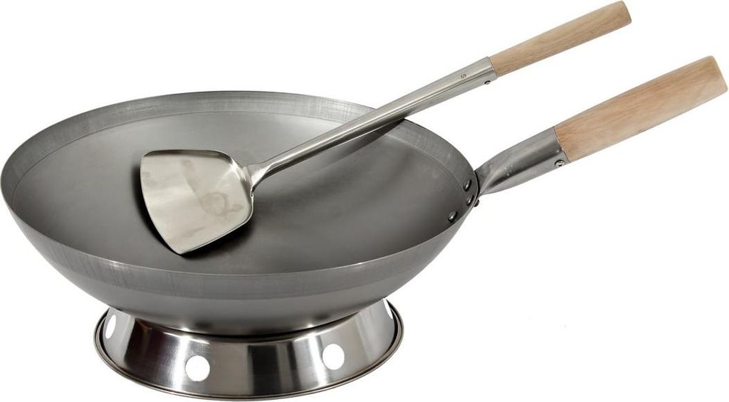 WOK SET, 31RB-S04-R04, Wok Pfanne 31 cm Ø runder Boden + Wok Spahtel + Wok Ring
