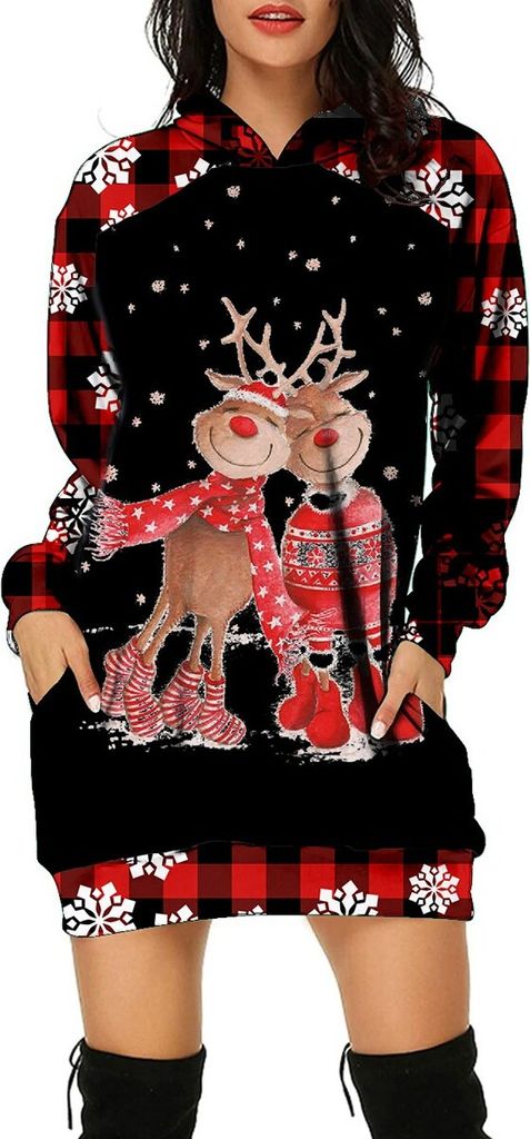 ASKSA Damen Rentier Print Kapuzenpullover Winter Langarm Hoodie Pullover Kleid Pulli Weihnachtskleid, B-Schwarz, L
