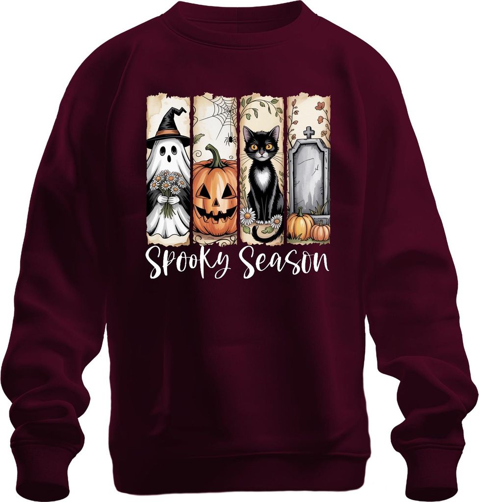 Spooky Season Halloween Kürbis schwarze Katze Geist Grab Spinne Uni Sweatshirt Pullover, Burgundy, 3XL