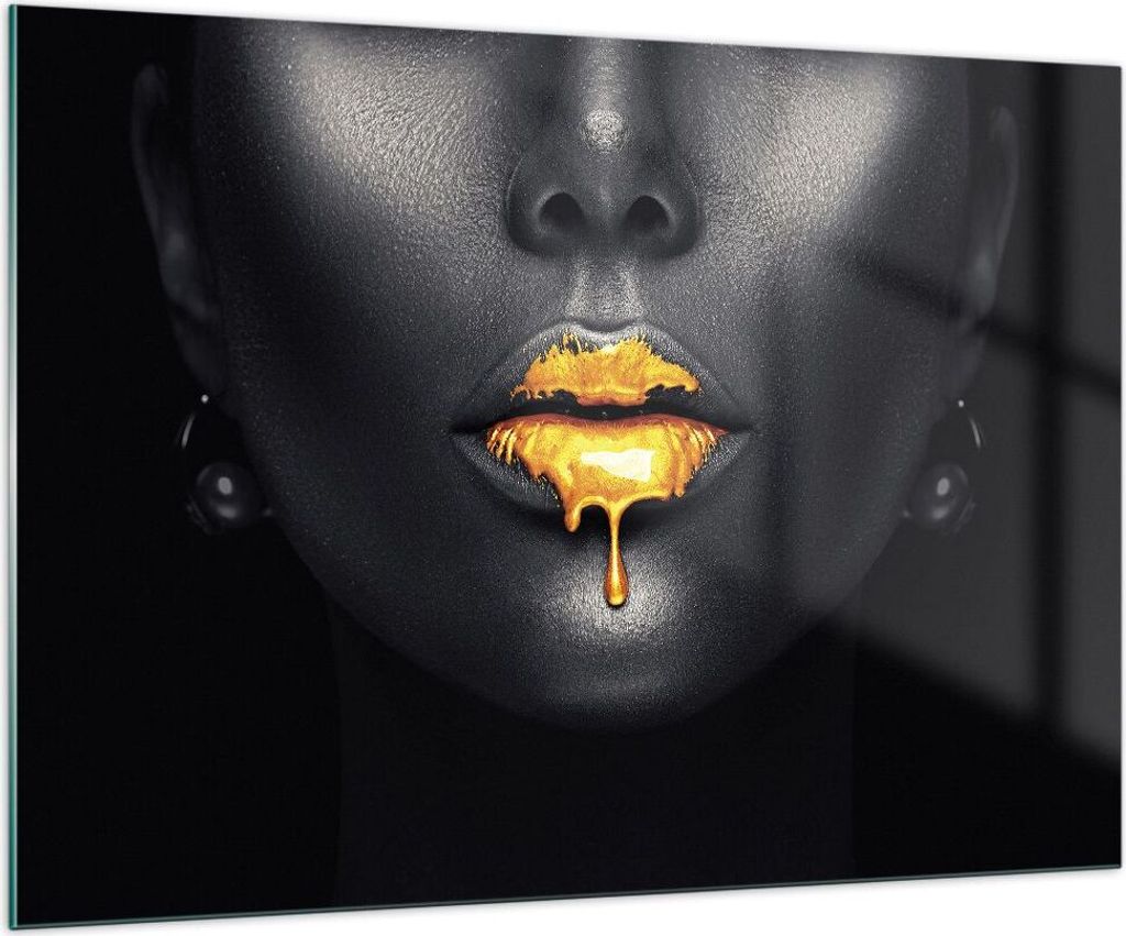 Bilder auf glas - Einteilig - Gold Mund Schwarz - 100x70cm - Glasbilder - Wandbilder - Bilder - zum Aufhängen bereit - Wanddekoration aus Glas - G...