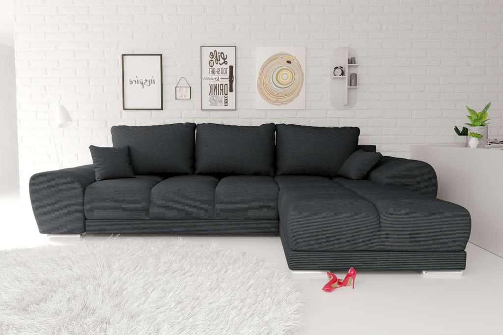 99rooms Antalya Ecksofa Cordstoff POSO Graphit Rechts mit Schlaffunktion