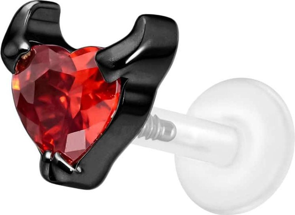 Ohrpiercing, Nasenpiercing PTFE Labret mit Innengewinde + Titan-Aufsatz TEUFELSHERZ Schwarz Stablänge: 6mm | Stabstärke: 1,2mm