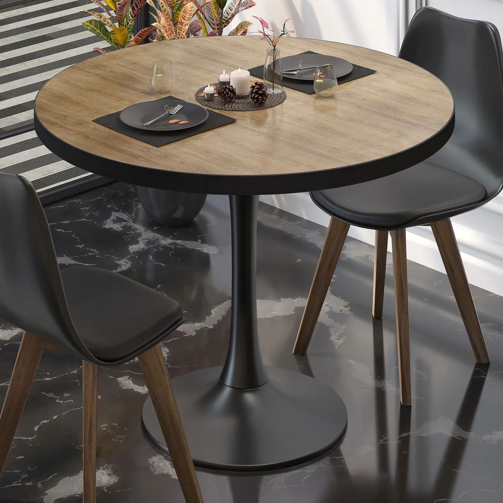 BL | Bistrotisch | Ø:H 80 x 76 cm | Schwarzer Rand | Eiche / Schwarz | Rund | Bistrotisch Gastro Tisch
