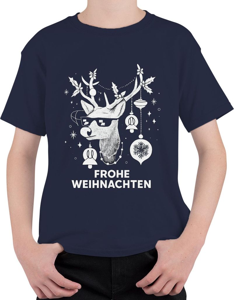 FROHE WEIHNACHTEN Rentier Sonnenbrille Hirsch Weihnachtskugeln Uni Kinder T-Shirt, Navy, 152