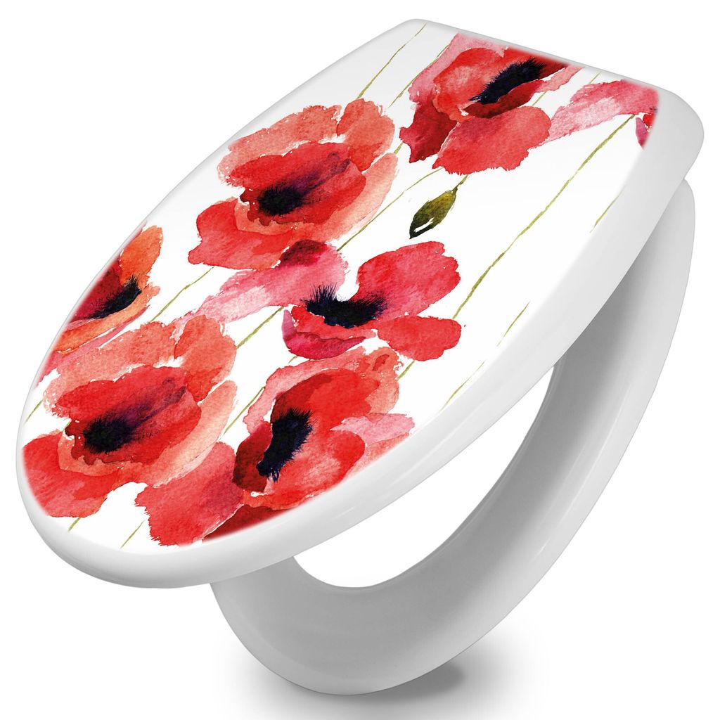 banjado Toilettendeckel mit Absenkautomatik 37,3x45x5cm -Mohn Aquarell - WC Brille Soft Close - hygienischer Toilettendeckel/Klodeckel Duroplast mi...