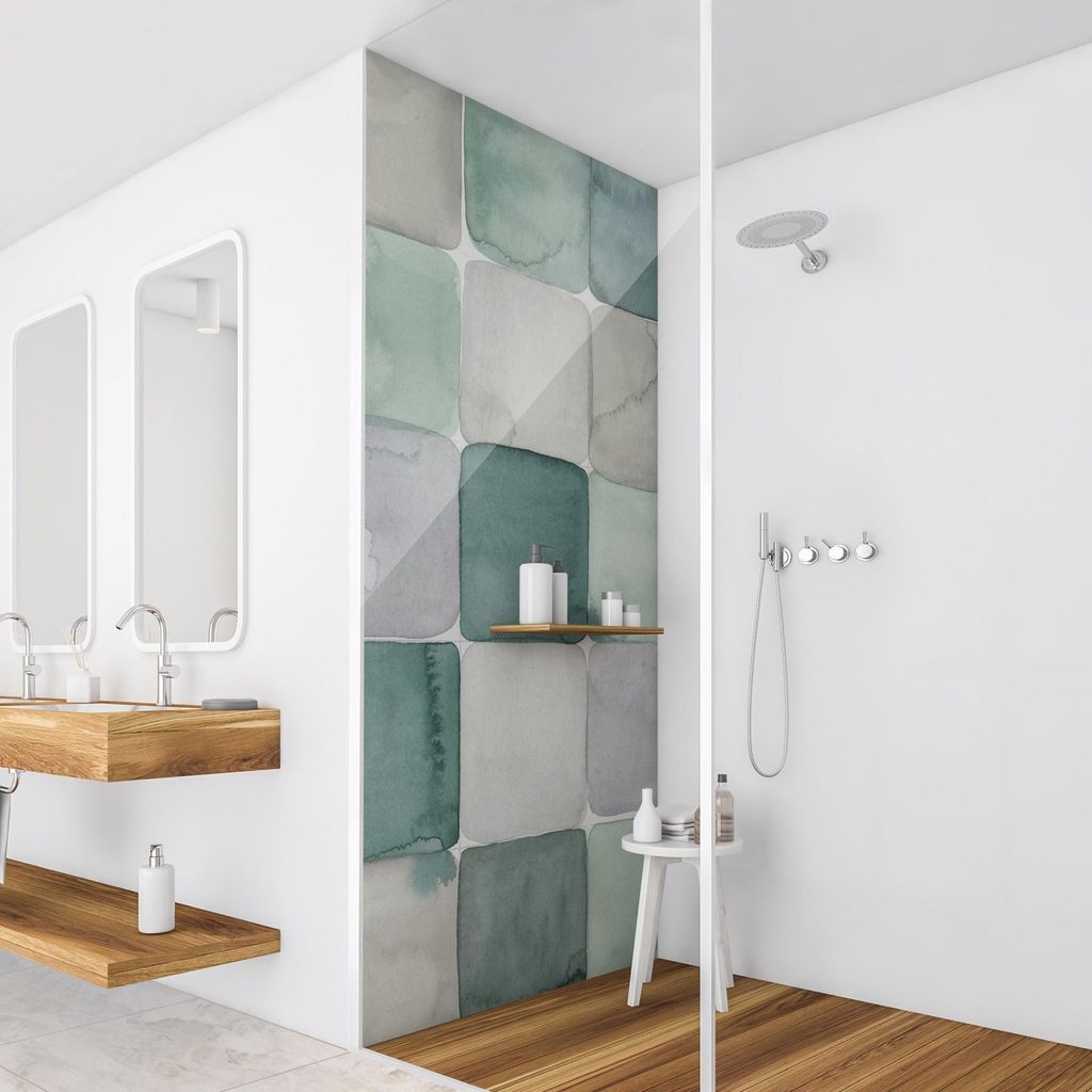 Duschrückwand Muster selbstklebend - 0.61 mm Wandpaneel wasserfest Geometrisch petrol Fliesenoptik Badrückwand fugenlos Premium matt 110x190 cm
