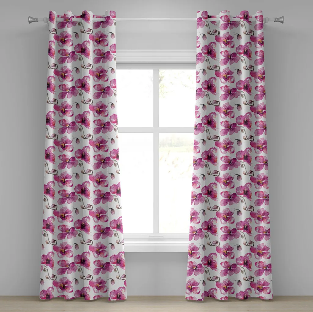 ABAKUHAUS Tenda con occhielli acquerellata, rami di orchidea in fiore, bouquet ispirato al Feng Shui primaverile, tende decorative a 2 pannelli, 280 cm x 225 cm, arancione pallido fucsia
