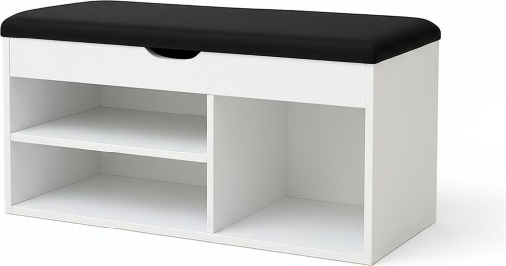 A white shoe cabinet with a black upholstered seat on top, shown against a white background.