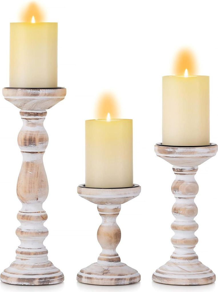 Kandelaar Stumpkaarsen Holz Kandelaars: Set von 3 Kerzenständern im ländlichen Stil Shabby Chic Vintage Dekoration für Wohnzimmer Tafeldekoratio...