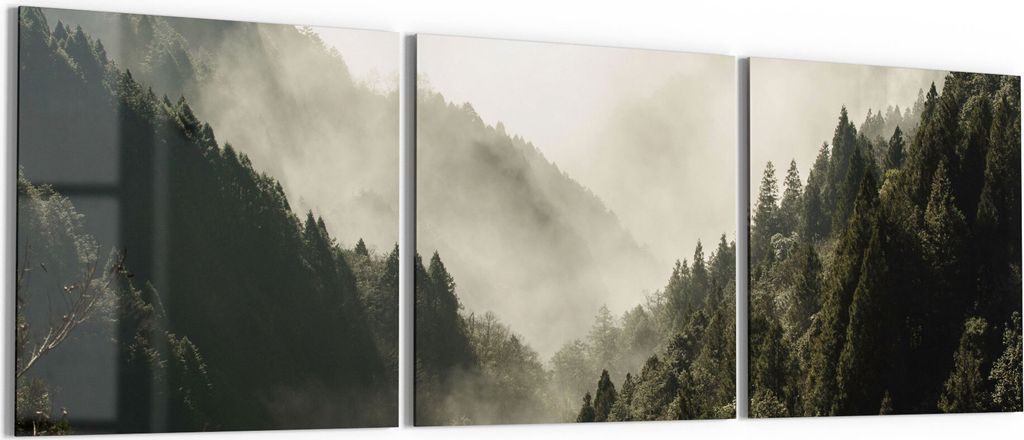 DEQORI Glasbilder Acryl 3x50x50 cm 'Nebel in den Bergen' Wandbilder XXL groß