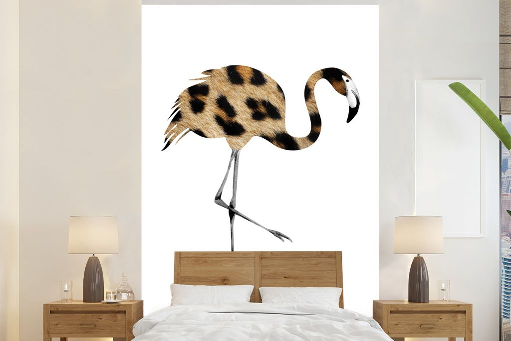 MuchoWow Fototapete für Wohnzimmer oder Schlafzimmer Wandtapete Vinyl Motivtapete Flamingo - Pantherdruck - Tier - 170x260 cm - Wohnzimmertapete