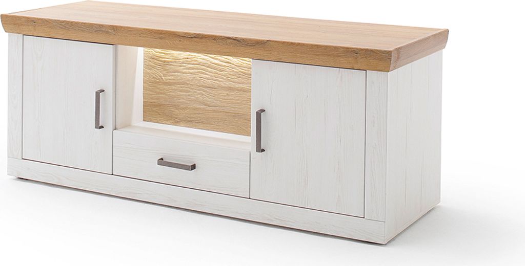 TV-Element, 154cm breit, MARINGA-05 in Pinie weiß mit Eiche Nb. im Landhaus Stil, B/H/T ca. 154/62/50 cm