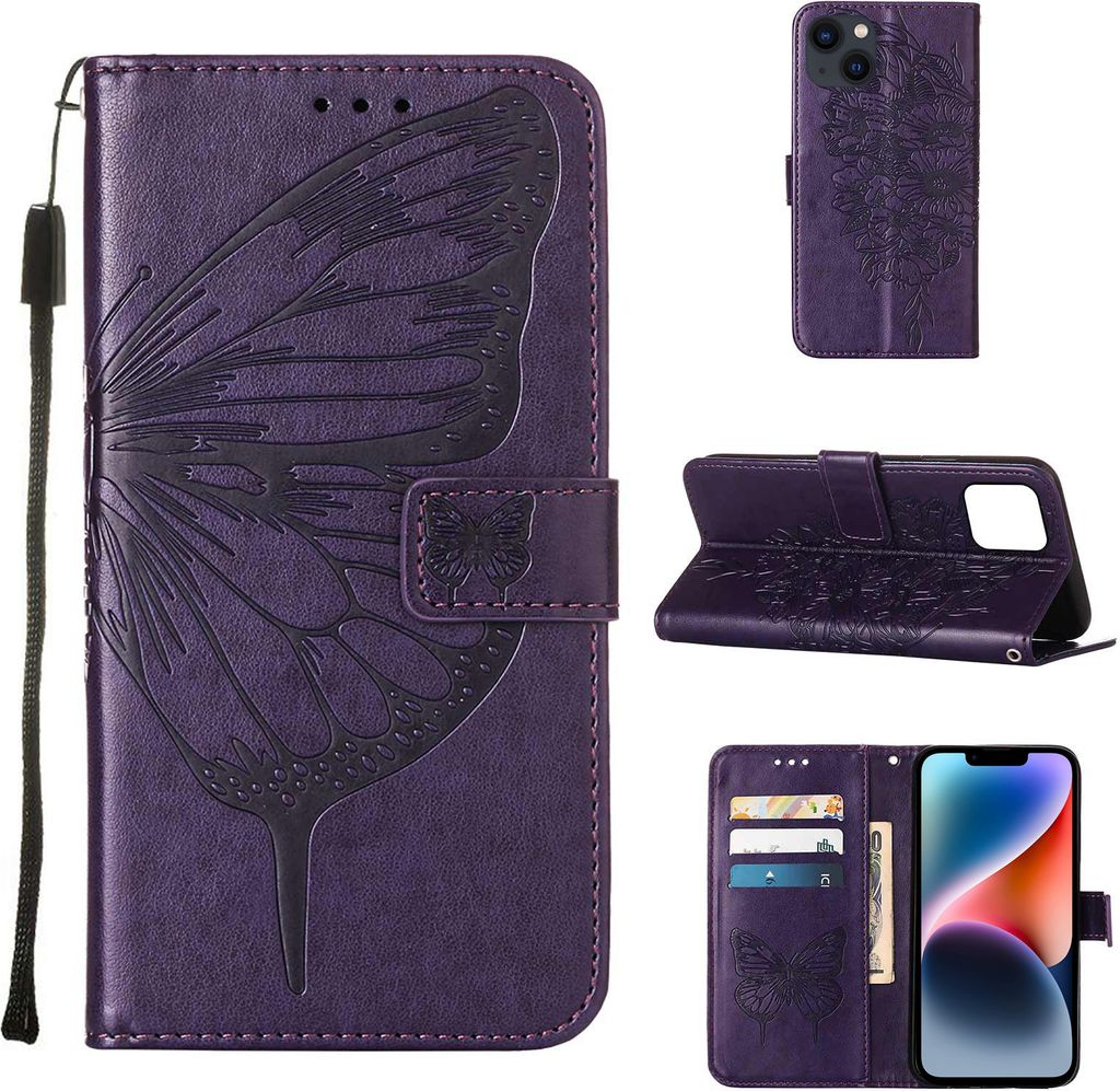 iPhone 14 Hülle, Schmetterling Prägung Flip Leder Kartenfächer Schutzhülle Ledertasche mit Ständer für iPhone 14 Lila