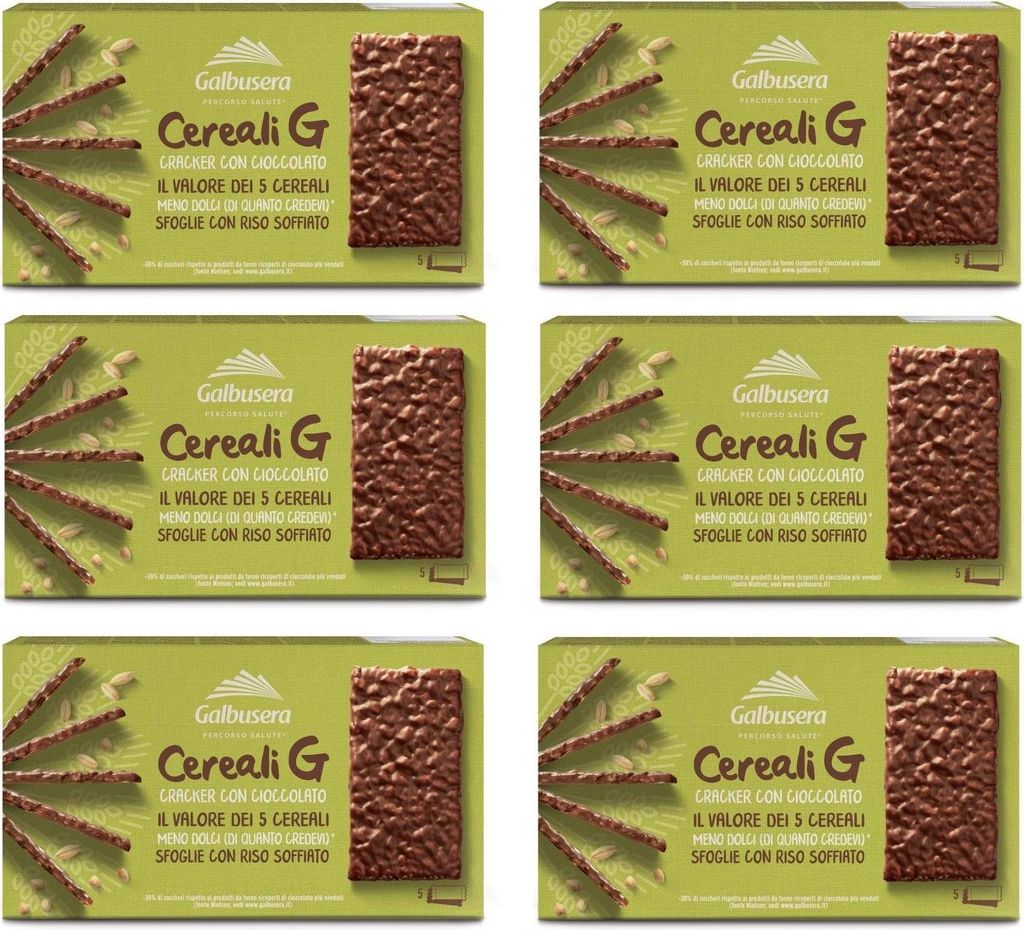 6x Galbusera Cereali G Crackers Puffreis mit Schokolade überzogen snack 150g Die Packung enthält 5 Portionen von 2 Crackern