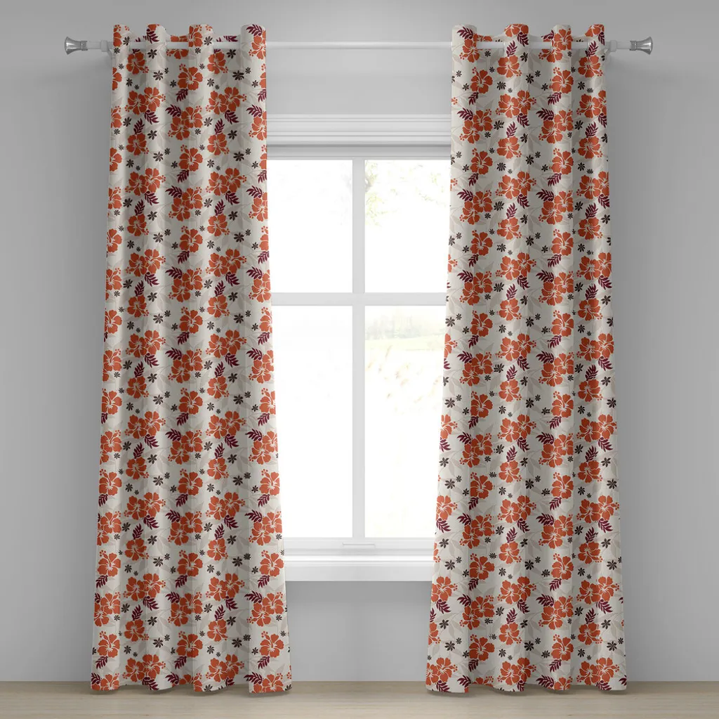 ABAKUHAUS Tenda con occhielli Hawaii, motivo floreale astratto Aloha State, ibisco, tema primaverile festivo, tende decorative a 2 pannelli, 280 cm x 245 cm, arancione rubino, taupe scuro