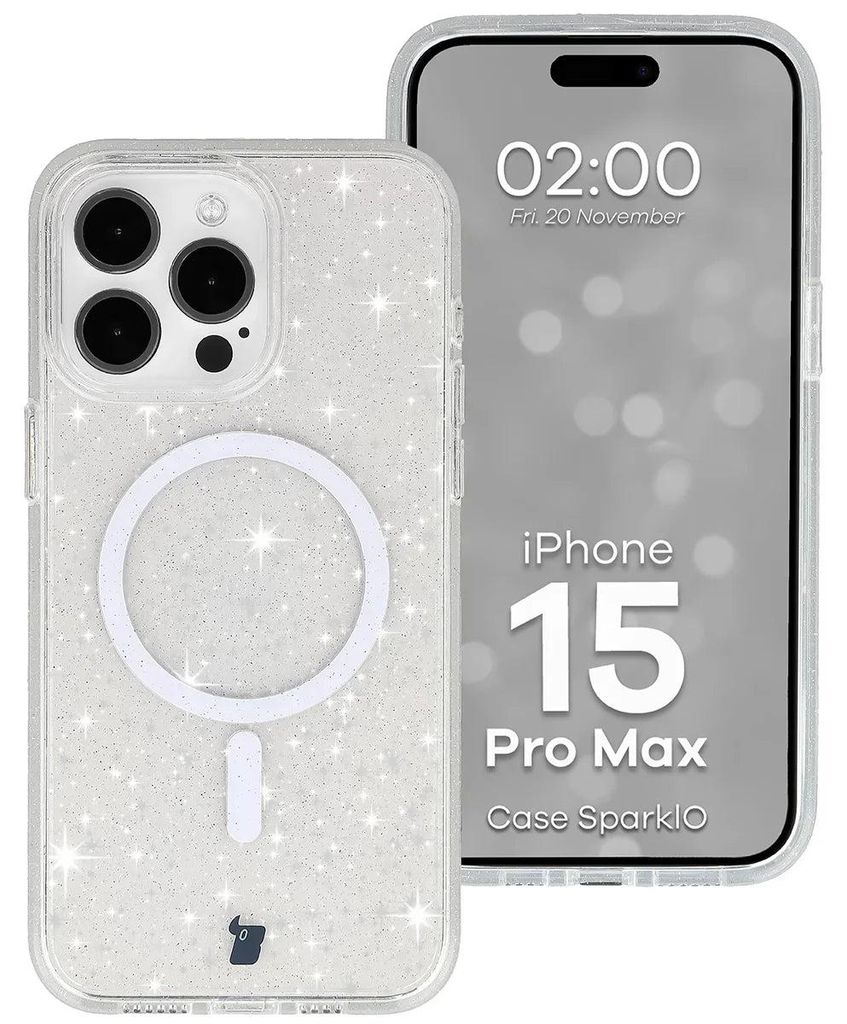 Glitzer Hülle mit Magnetring für iPhone 15 Pro Max, Bizon Case SparklO, Transparent mit Glitzer