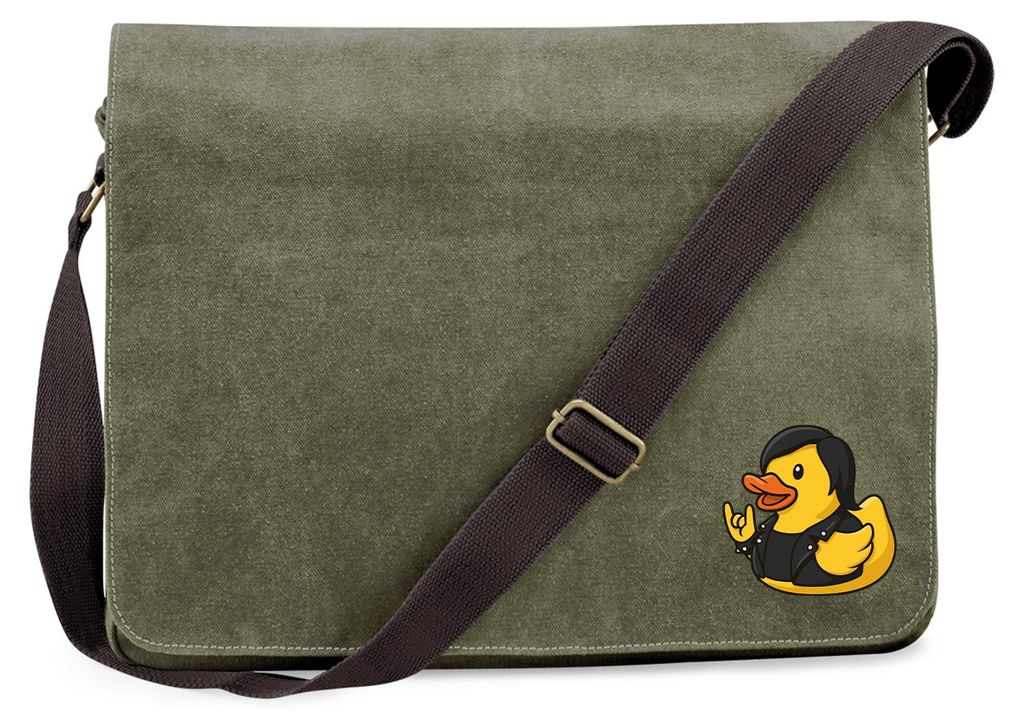 Huuraa Umhängetasche Quietscheente Rocker Gummiente Biker 14 Liter Military Green Canvas Laptoptasche Geschenkidee