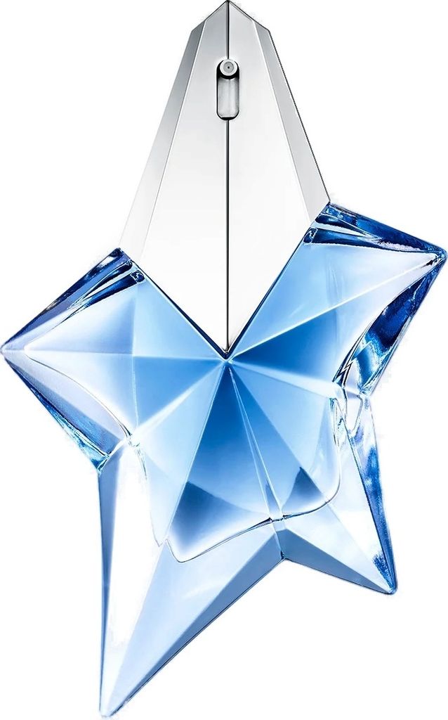 A star-shaped glass perfume bottle with blue liquid inside.