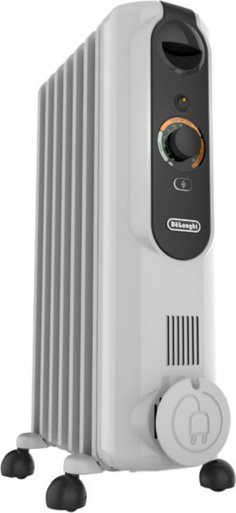 A white and black De'Longhi oil-filled radiator with wheels.