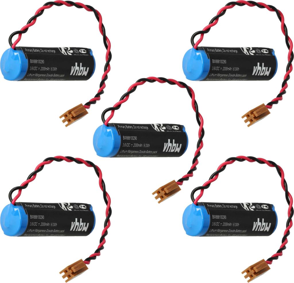 vhbw 5x Batterie Ersatz für Toshiba ER6V, JAE2P für PLC Programmable Logic Controller (2000 mAh, 3,6 V, Li-MnO2)