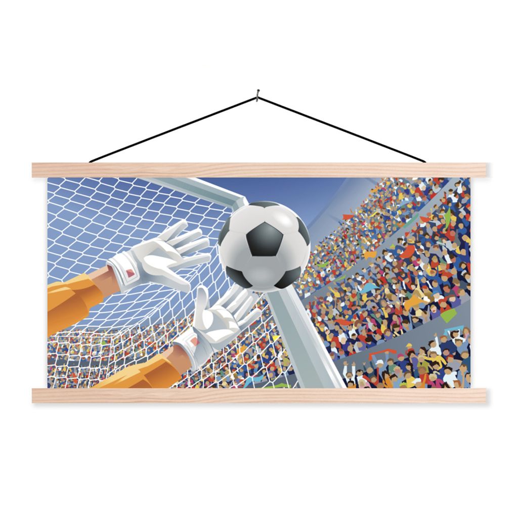 MuchoWow Textilposter Eine Illustration eines Torwarts, der den Fußball stoppt - Junge - Mädchen - Kind 120x60 cm mit holzfarbenen Rahmen - Kle...