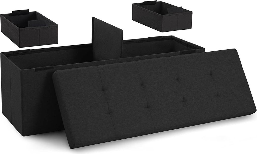 A black storage ottoman with its lid open, revealing internal compartments and two separate storage boxes.