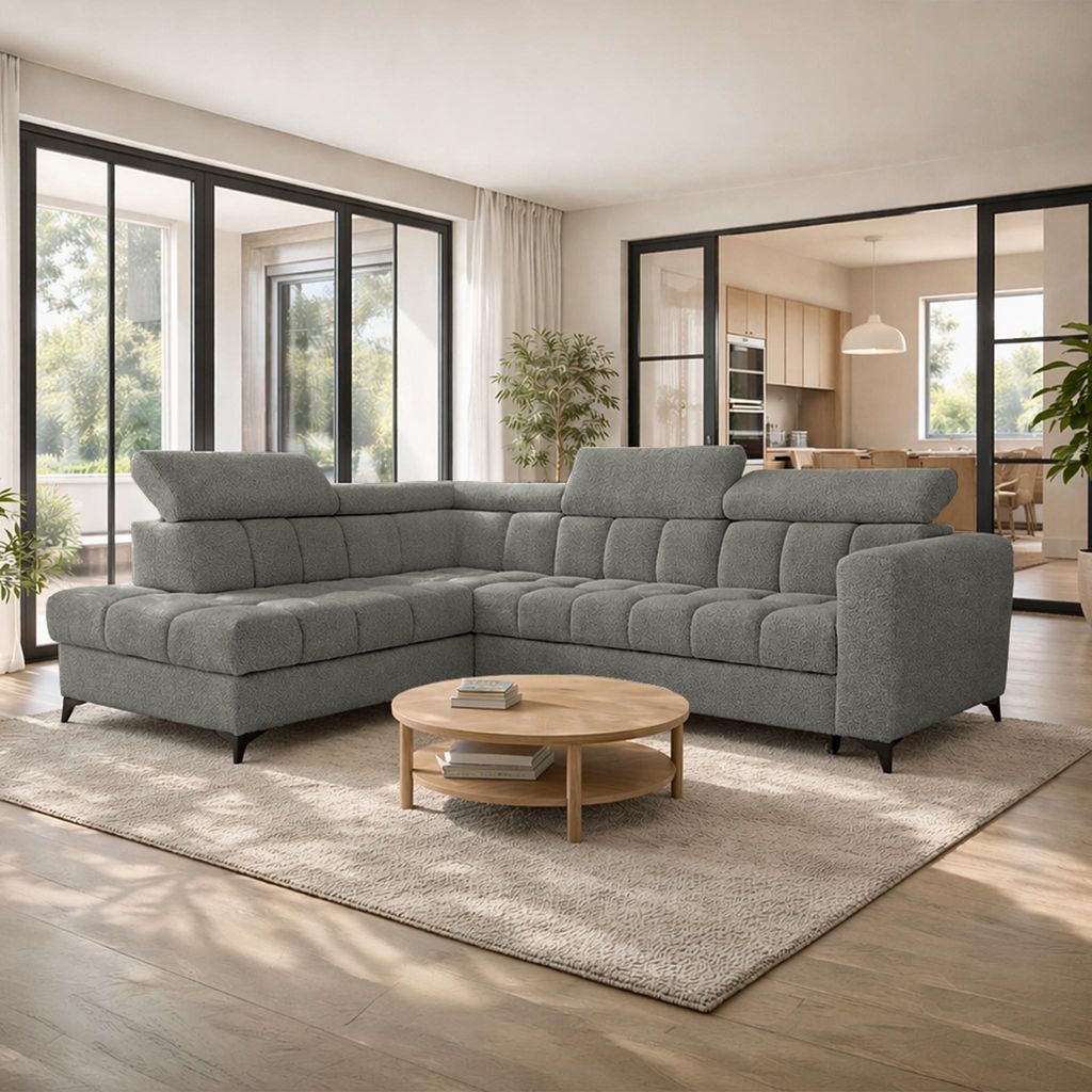 Ecksofa CAPRIO, Wohnzimmer, modernes Schlafsofa Sofa 5-Sitzer Sofa freistehendes Polstersofa Bettkasten 262 cm linke Ottomane Grau Marcello 23