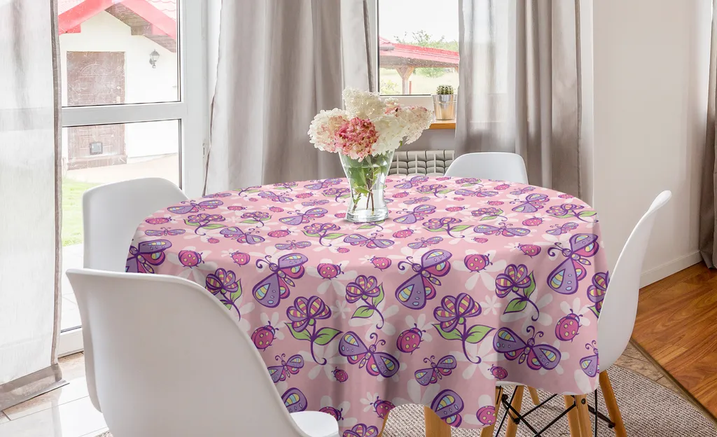 Tovaglia Rotonda 150 cm Motivi Floreali Farfalle - Rosa Lavanda