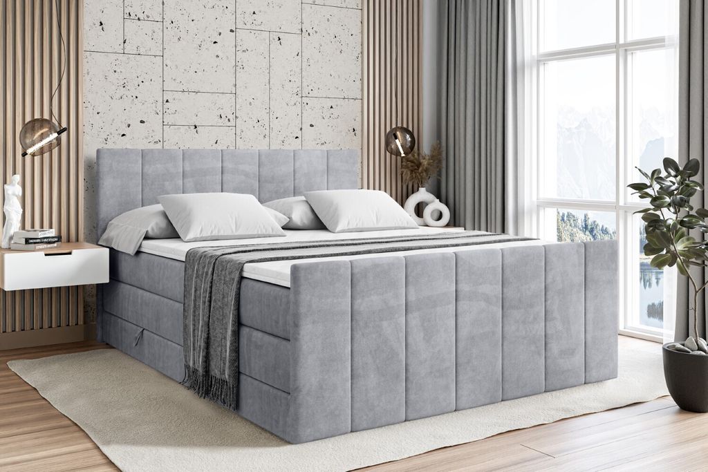 ALTDECOR Boxspringbett mit Fußteil, 2 Matratzen und Topper - 160x200 cm - MOETI-Z KING - Hellgrau Samt - Polsterbett mit, H3- und H4- Matratzen, B...