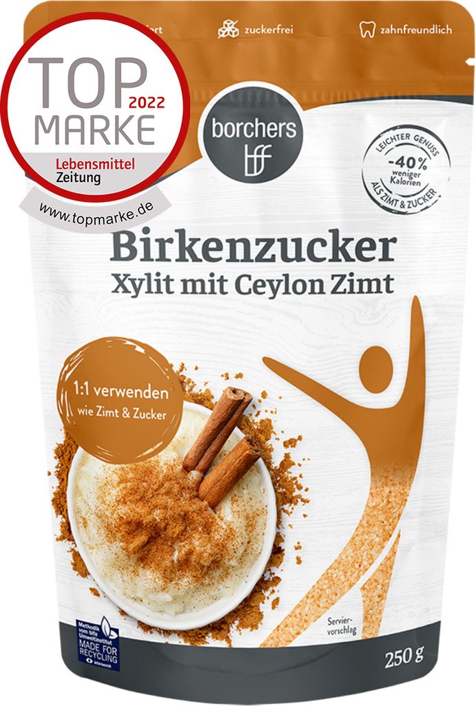 borchers Birkenzucker 100% Xylit mit Ceylon Zimt | Zuckerfrei | Zahnfreundlich | weniger Kalorien |