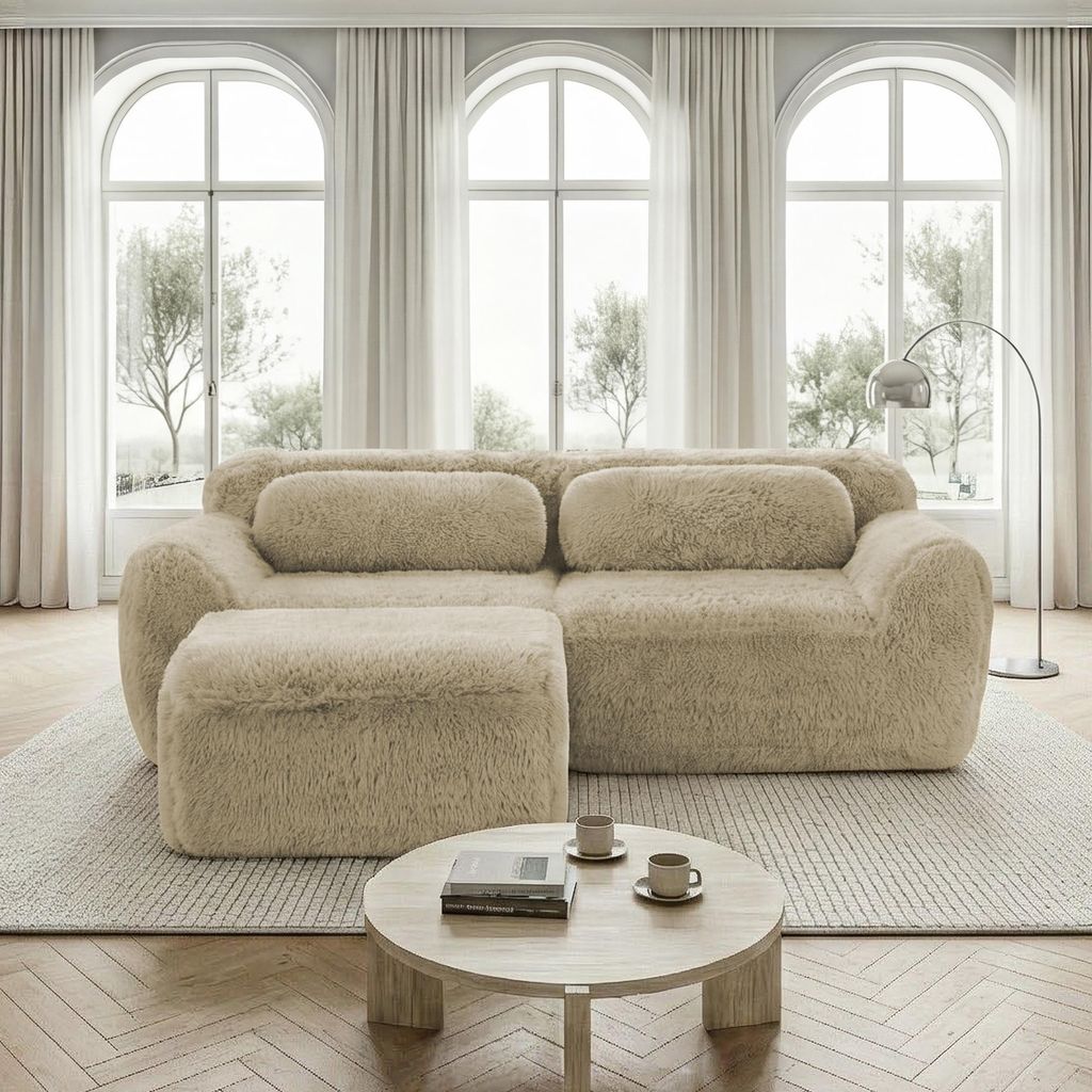 L-förmiges 2-Sitzer Sofa,Plüschstoff,modular,mit Kissen,Weich,hochelastischer Schaumstoff,geeignet für Wohnzimmer und Räume,Light Khaki,Hellkhak