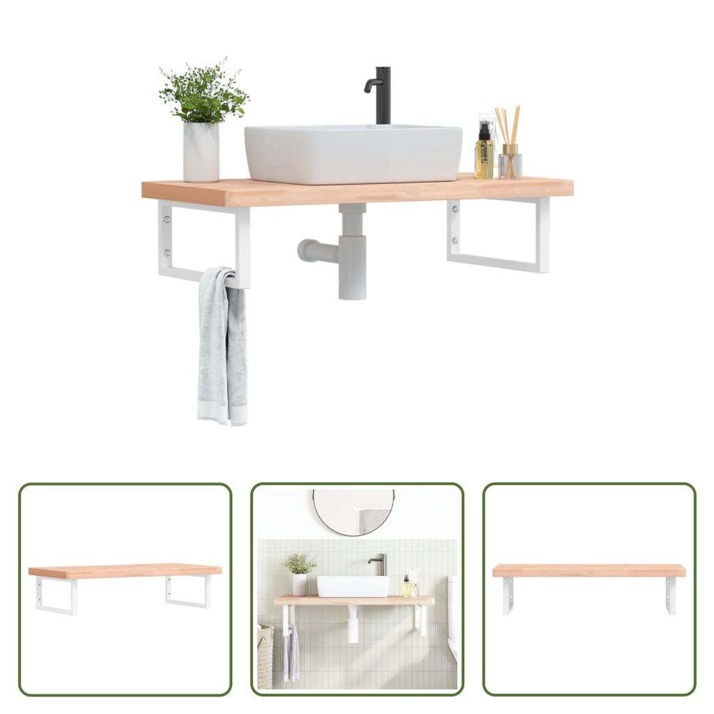 The Living Store Waschbeckenregal Wandmontage Stahl und Massivholz Buche