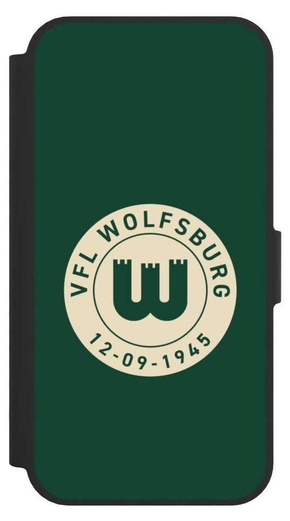 NIVOCASE Klapphülle für Apple iPhone 16e Handyhülle aus Kunst Leder NIVOflip schwarz Offizielles Lizenzprodukt VfL Wolfsburg 80 Jahre
