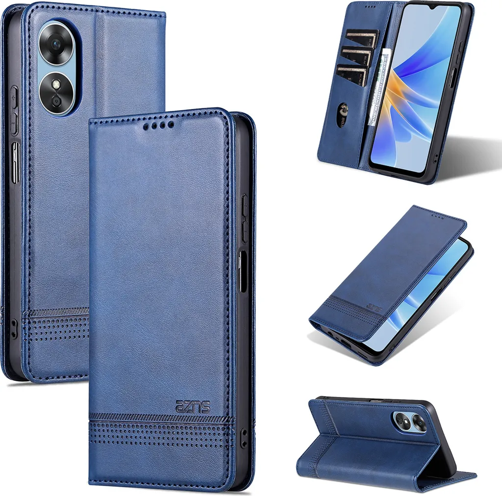Custodia Oppo A17 in Pelle Blu: Cover a Libro con Portafoglio e Stand
