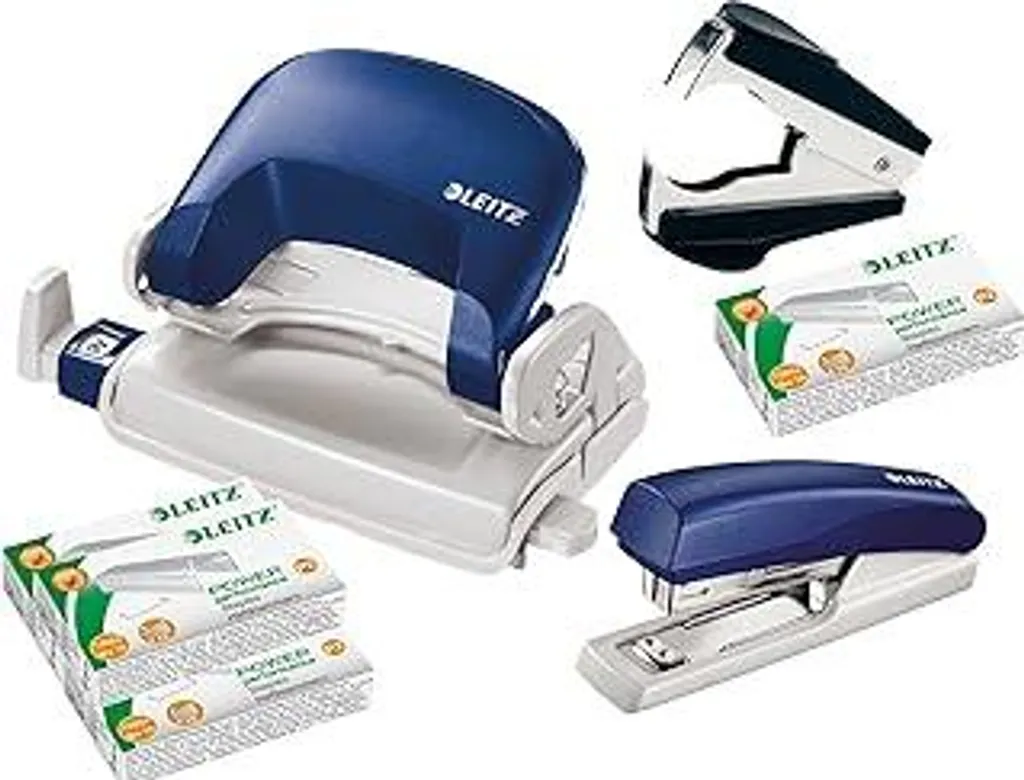 Leitz 5507 Punzonatrice e perforatrice Bundle incl. graffette di fissaggio e levagraffette Set completo blu