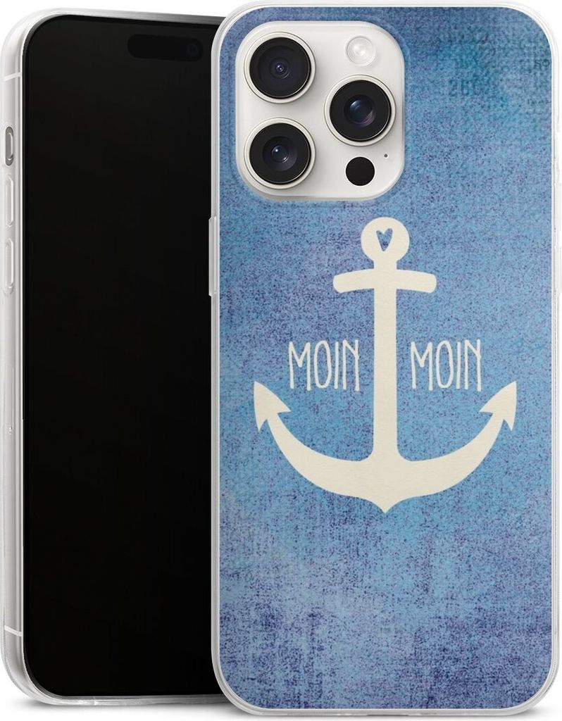 DeinDesign Slim Hülle für Apple iPhone 15 Pro Max Silikon Case Ultra Dünn Handyhülle Anker Blau maritim