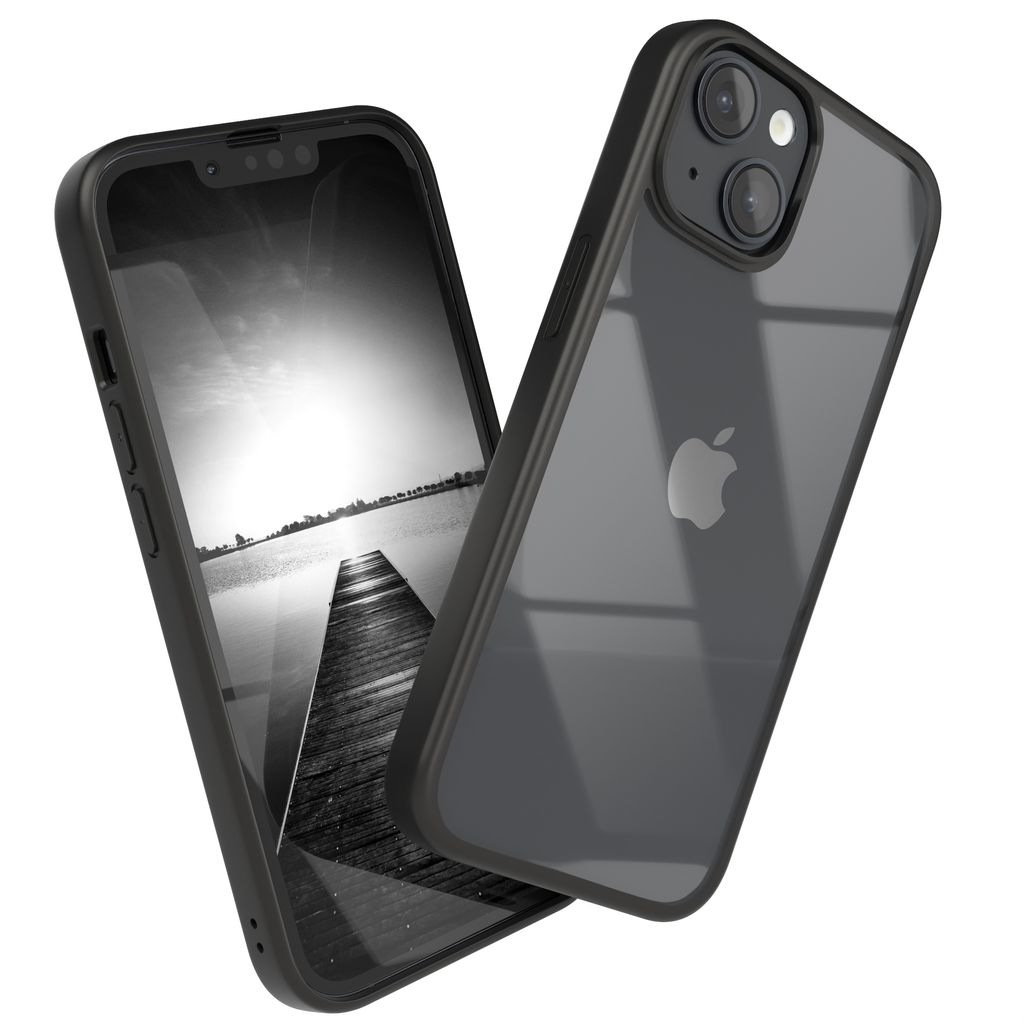 Two iPhones in black cases, one showing the screen with a black and white image of a pier, the other showing the back with the Apple logo.