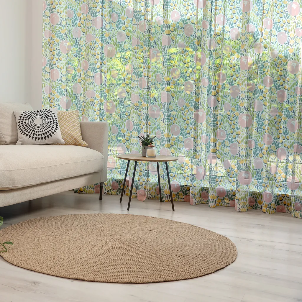 ABAKUHAUS Arazzo botanico, prato pastello fiori rinascita boccioli di rosa foglie aster arte da giardino, soggiorno camera da letto tessuto da parete in raso setoso, 274 cm x 274 cm, rosa cipria verde lime senape - 2