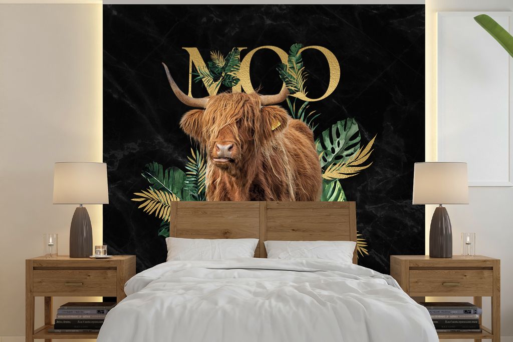 MuchoWow Fototapete für Wohnzimmer oder Schlafzimmer Wandtapete Vinyl Motivtapete Schottischer Highlander - Gold - Marmor - 350x350 cm - Schlafz...