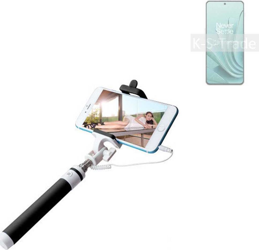 K-S-Trade Selfie Stick kompatibel mit OnePlus Ace 2V Selfiestick kabelgebunden Monopod mit Kabel Stab Stange Selfportrait Handheldstick schwarz 1x