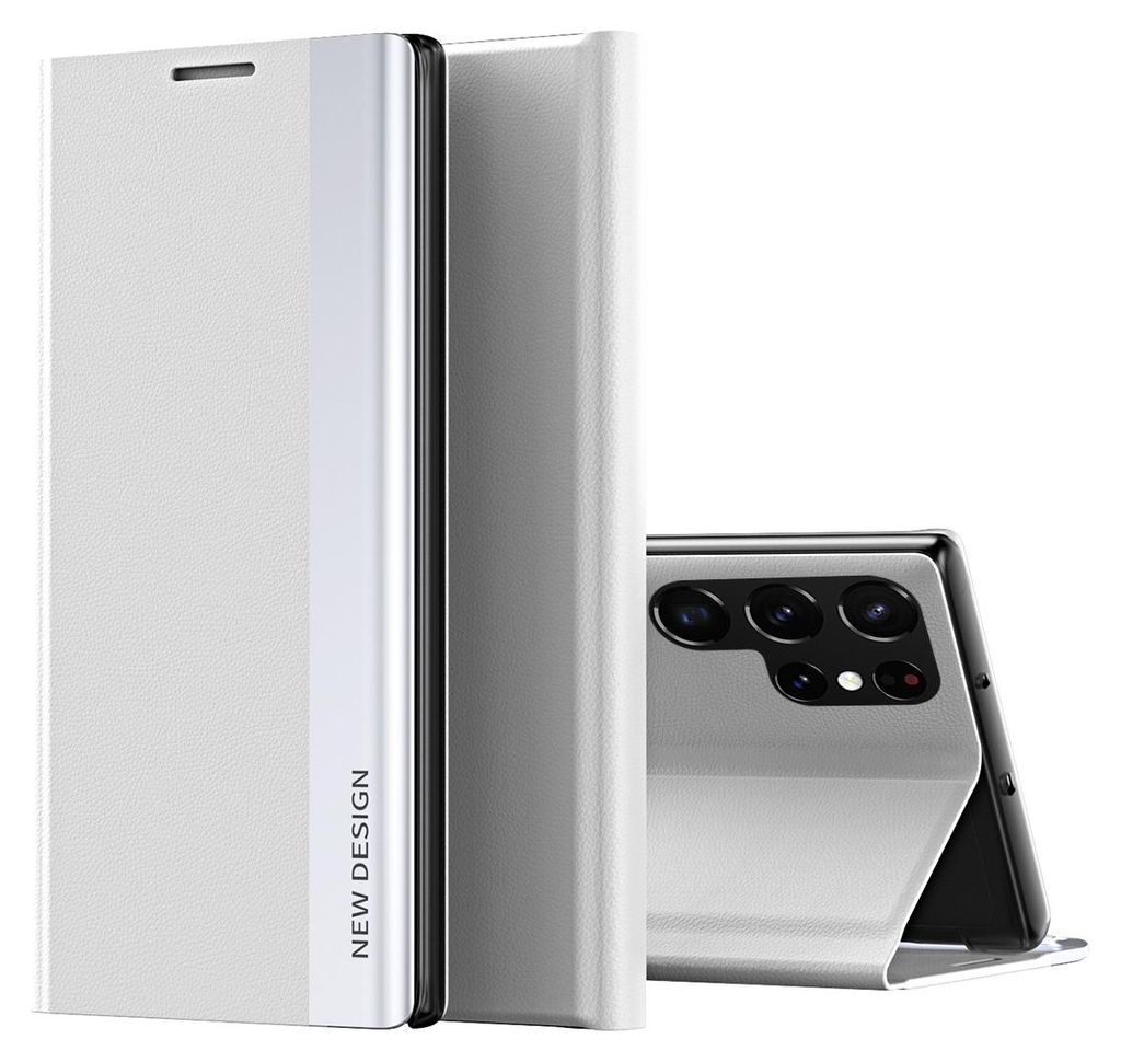 A white flip case for a smartphone is shown, with the back of a silver smartphone visible.