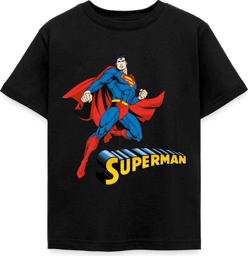 Spreadshirt DC Comics Superman Pose + Schriftzug Kinder T-Shirt, 110/116 (5-6 Jahre), Schwarz