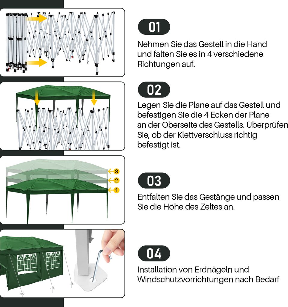 TolleTour Pavillon 3 x 6m Pop Up Faltpavillon Faltbar Gartenzelt, UV-Schutz 50+ Pavillons Partyzelte Festzelt für Camping / Garten / Hochzeit / St...