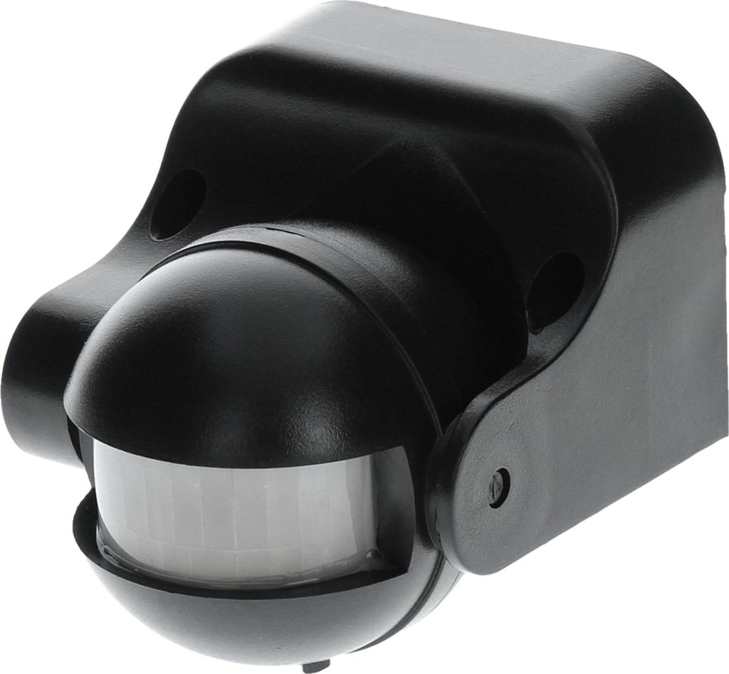 A black motion detector with a dome-shaped sensor.