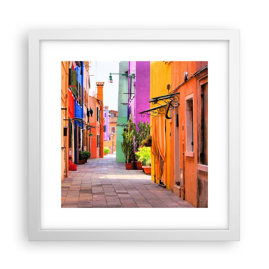 Gerahmtes Poster - Weißer Rahmen - Sommer Straße Haus - 30x30 cm - Wand Bild - Wanddeko - Wandbilder - Kunstposter - Wandposter - Bilderrahmen - ...