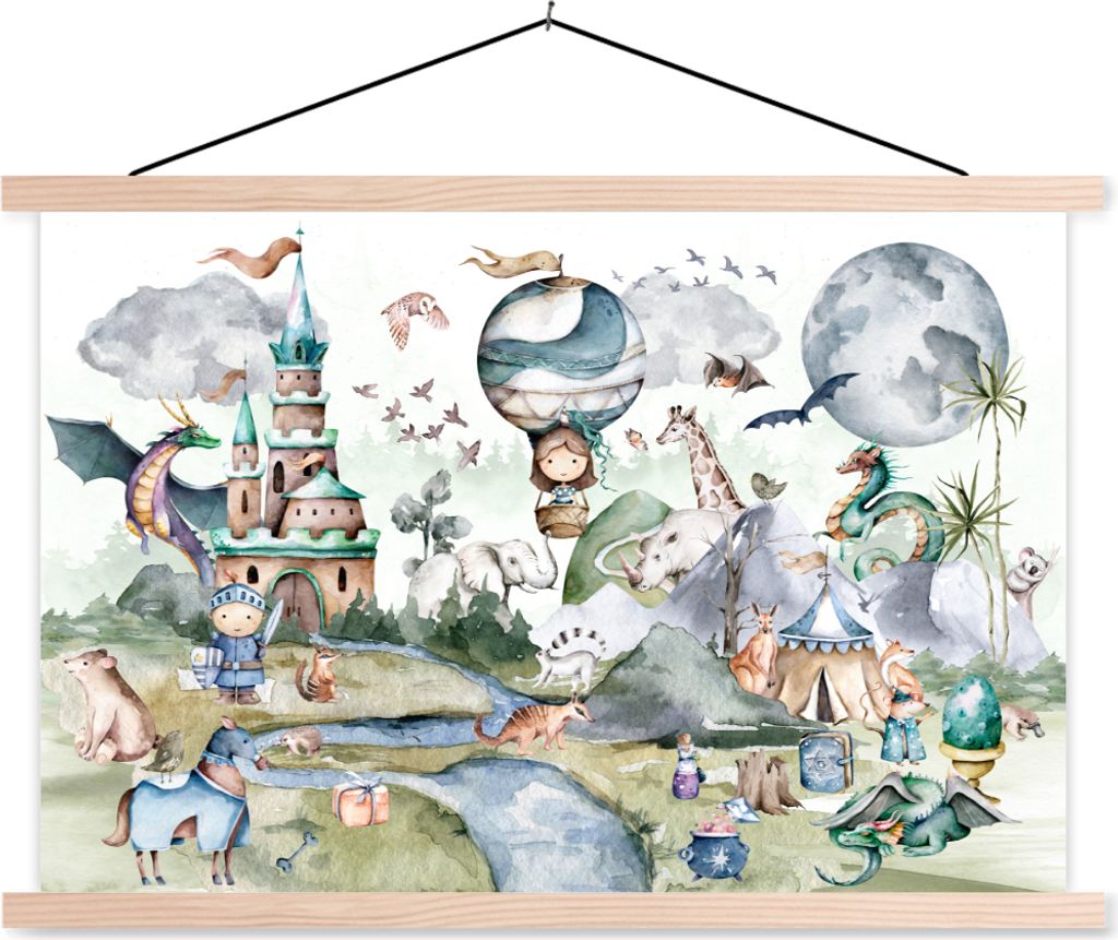MuchoWow Textilposter Kinder - Heißluftballon - Drache - Jungen - Burg - Aquarell 60x40 cm mit holzfarbenen Rahmen - Bilder